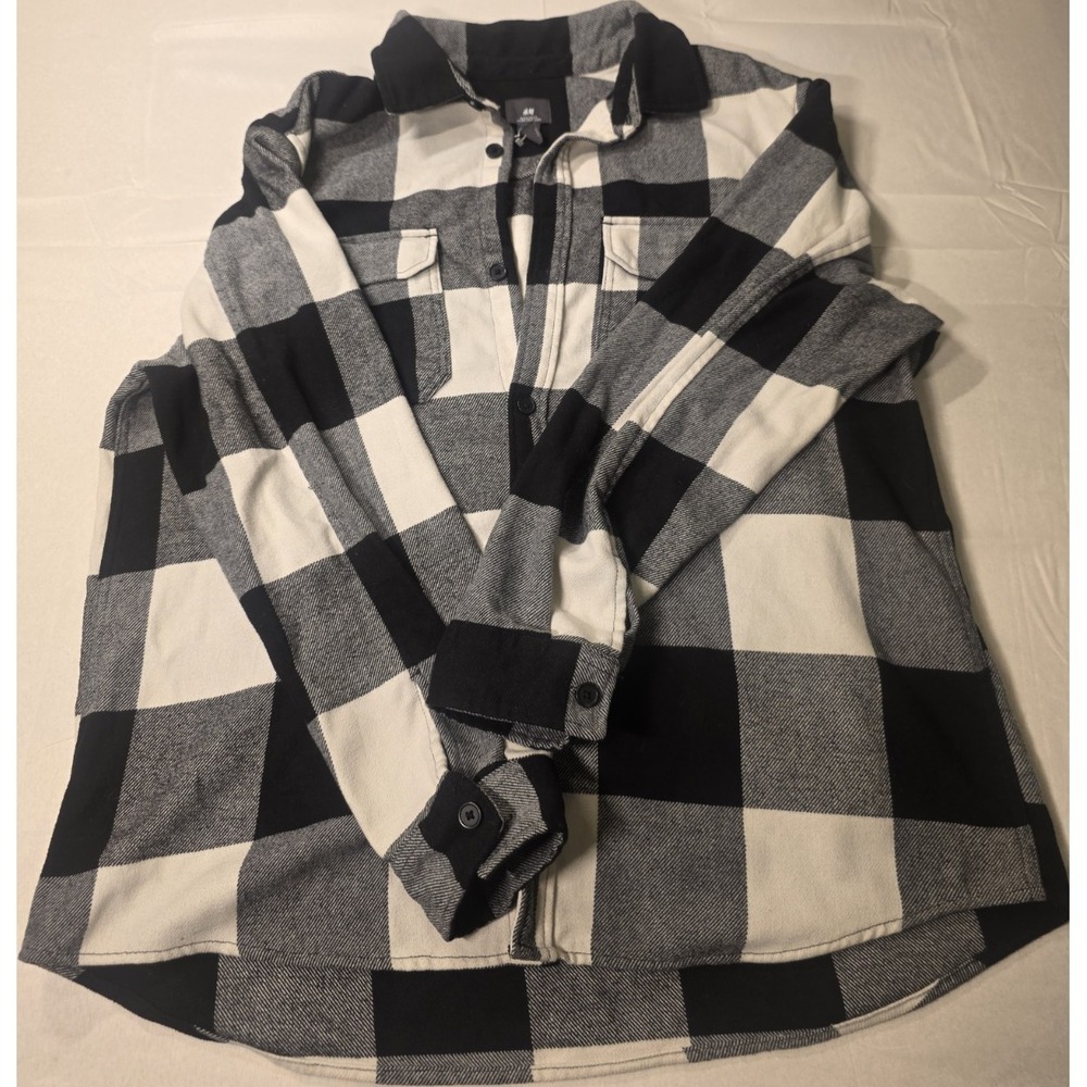 H&M Men's XL Regular Fit Plaid Flannel Cotton Shirt Black White Gray Pockets